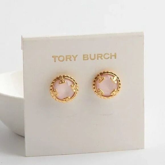 NWOT Tory Burch Pink Stone, Gold logo Stud Earrings - Picture 1 of 6